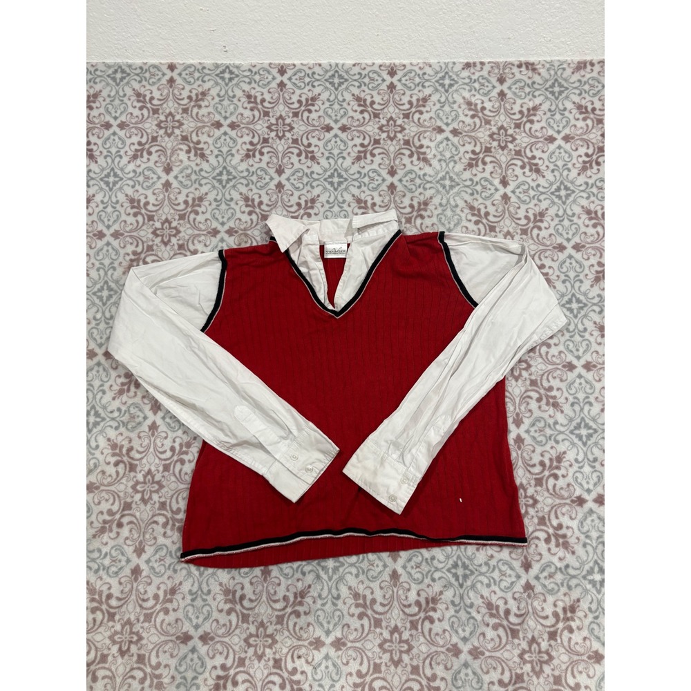 Villager Liz Claiborne Red Ribbed Sweater Vest White Layered Sleeve Top XL